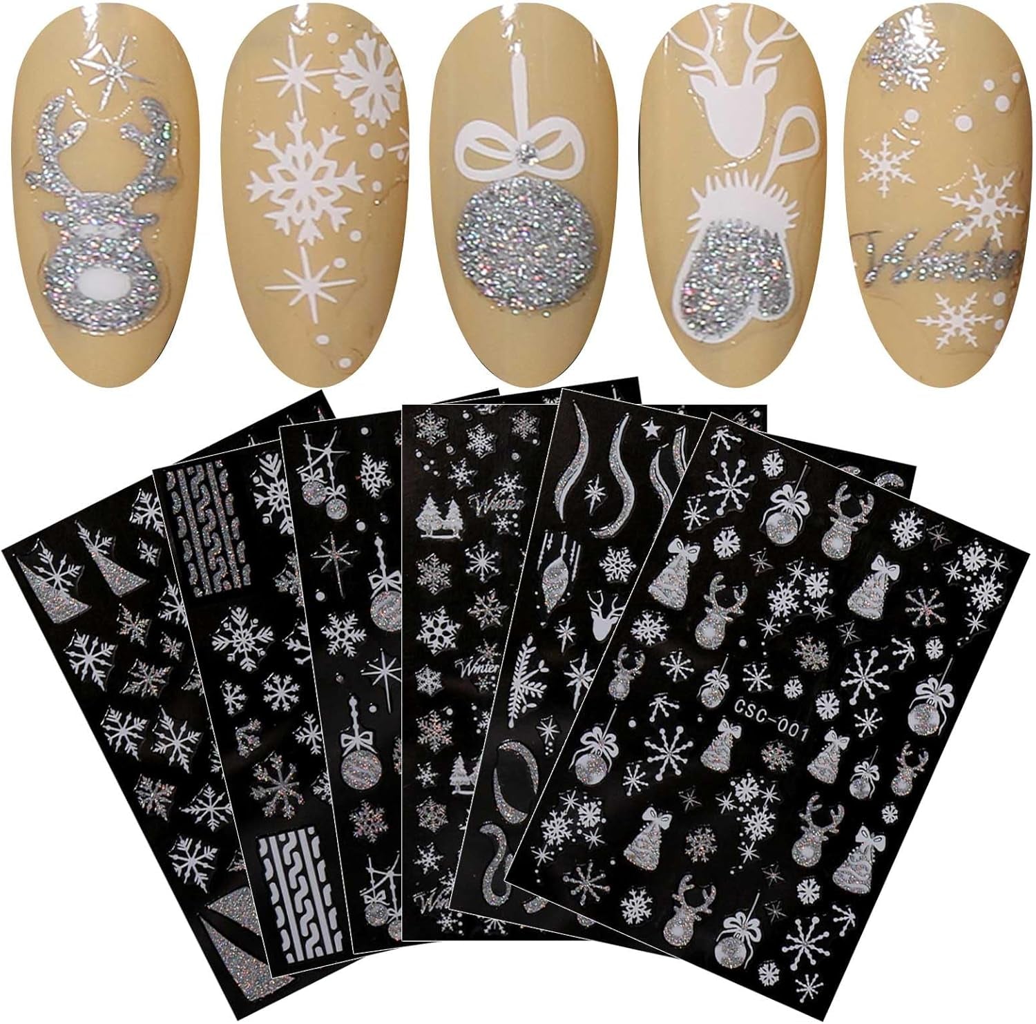 JMEOWIO Nagelsticker Weihnachten Gold Glitter Silver 8 Blatt Nail Art Sticker Selbstklebend Nagelaufkleber Schneeflocke Winterurlaub Dekoration Nageldesign Zubehör