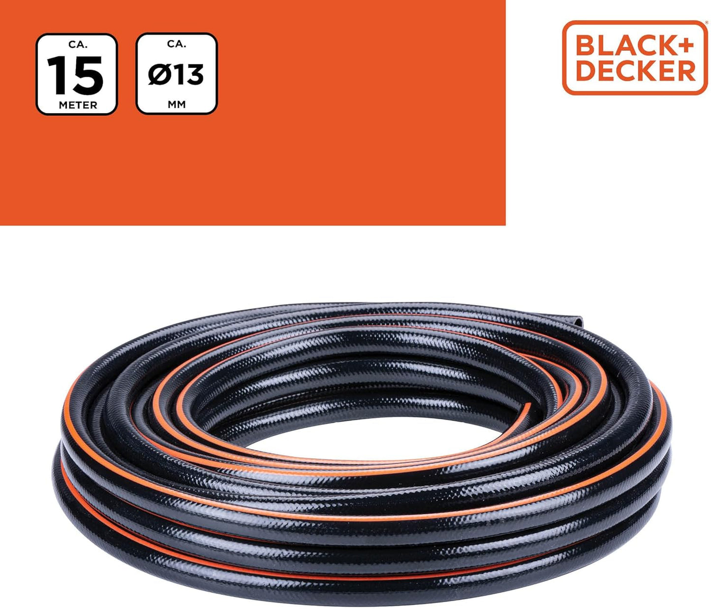 Manguera de Jardín BLACK+DECKER 15 metros - Ø13MM - PVC duradero - Regar el jardín, lavar el coche, llenar la piscina - Compatible con cualquier grifo estándar - Negro/Naranja