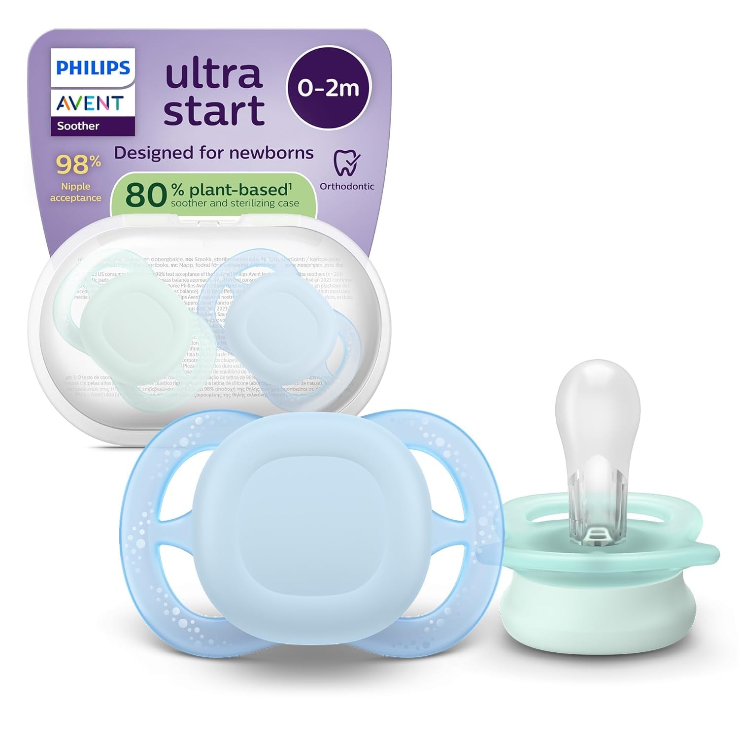 Philips AVENT Chupete nocturno Ultra Start, Chupete ortodóntico para recién nacidos, Brilla en la oscuridad, Sin BPA, con contenedor de esterilización, Paquete doble, Luna, Estrella, SCF075/07