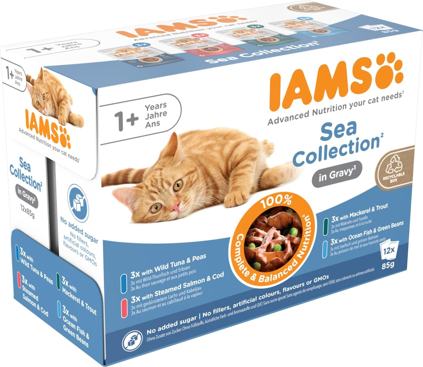 IAMS Delights Sea Collection Katzenfutter Nass - Multipack con pescado clasificado (Lachs, Thunfisch, Caballa, Seefisch) en salsa, Nassfutter para Katzen de 1 año, 12 x 85 g