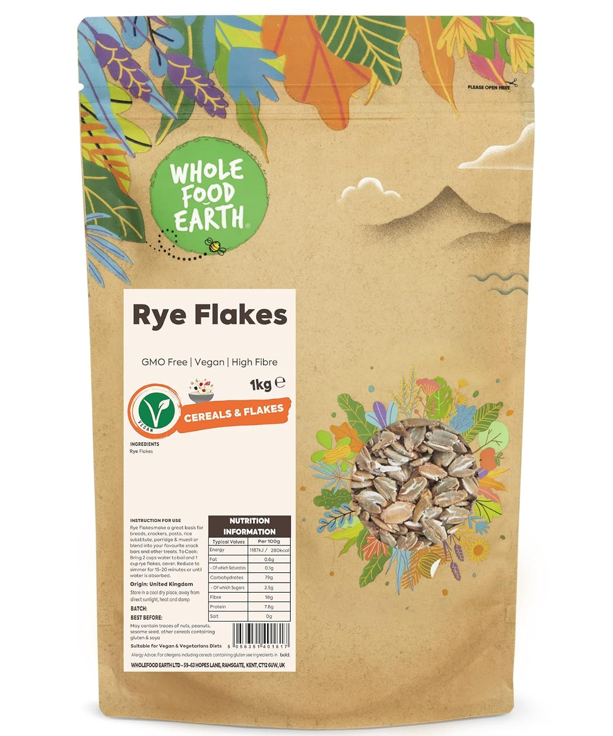 Copos de centeno Wholefood Earth - sin OGM - veganos - sin lácteos - sin azúcares añadidos, 1 kg