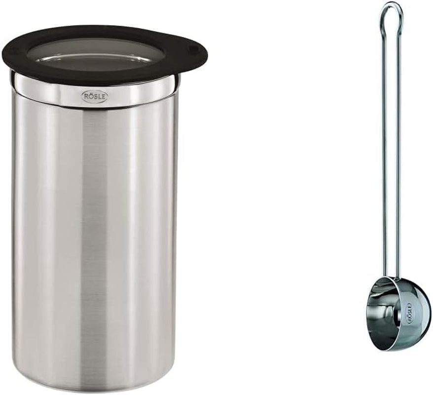 RÖSLE Caja de café con tapa, acero inoxidable 18/10, 10 cm y medida de café, cuchara de café de alta calidad para dosificar fácilmente el café molido, acero inoxidable 18/10, 17 x 3,7 x 2,7 cm, plateado Cajas para guardar alimentos Paquete Naty Shop Tamaño de lata