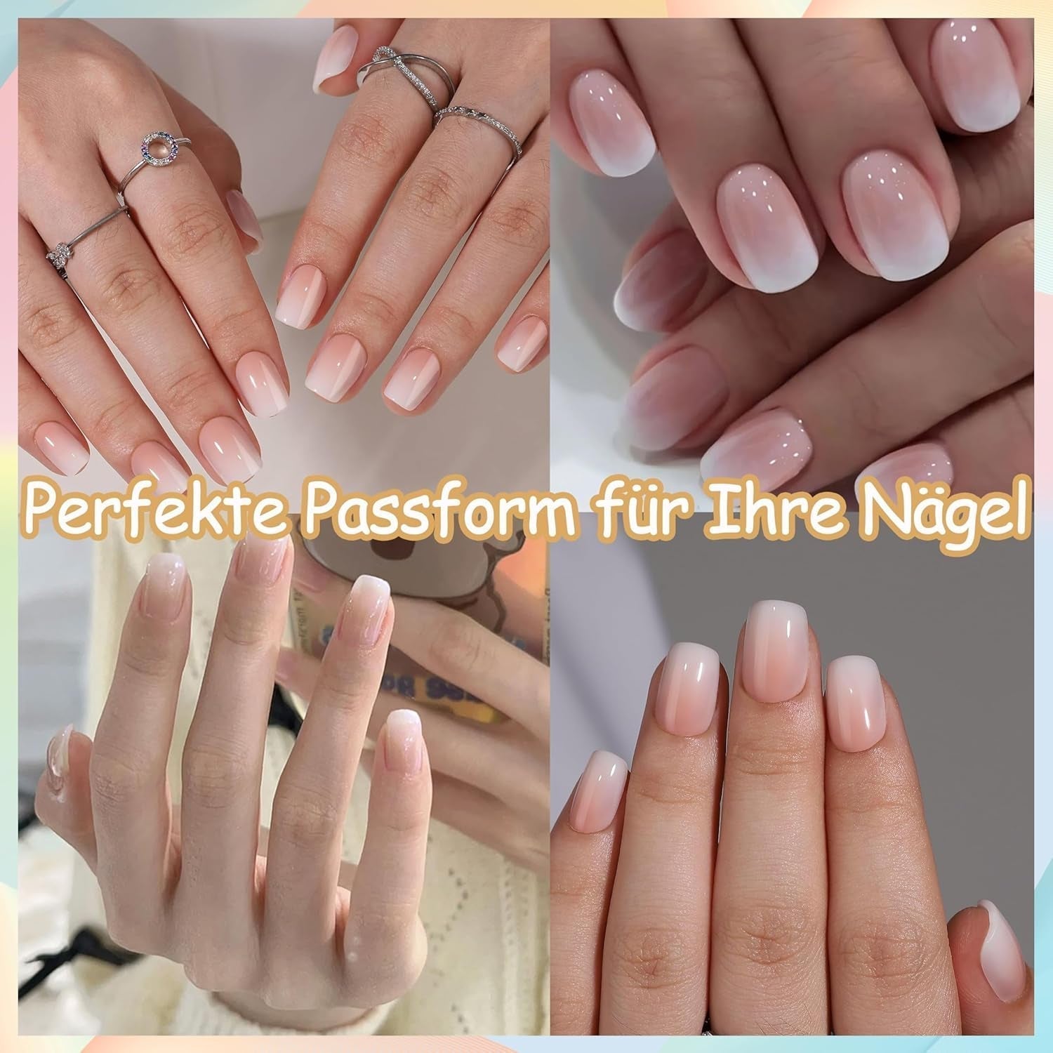 Juego de uñas postizas, 240 piezas de uñas cuadradas cortas, modelo de gel suave, degradado blanco desnudo, pegamento natural falso en uñas postizas para mujeres DIY (degradado desnudo, 240X)