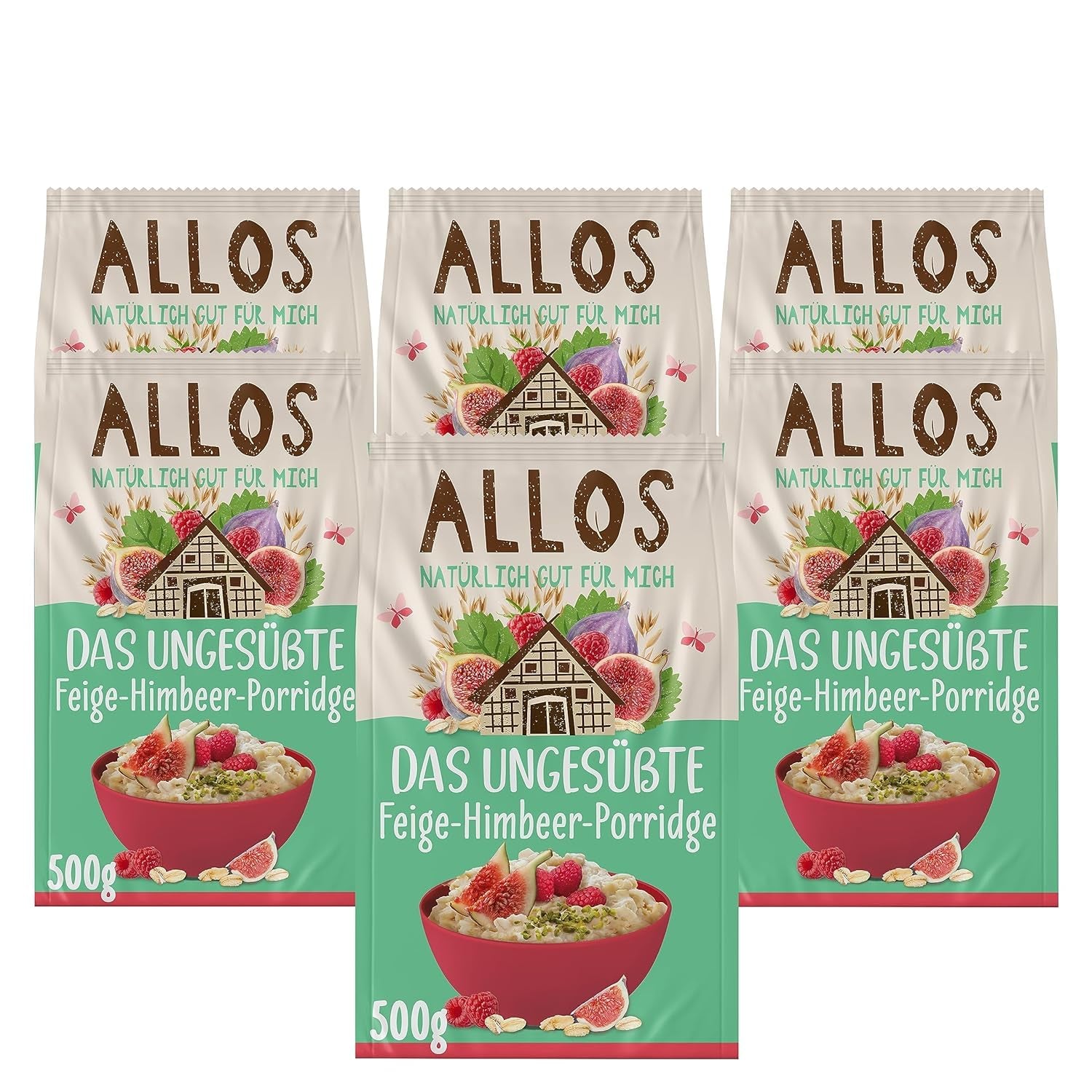 Gachas de Allos de higos y frambuesas sin azúcar | Gachas sin azúcar | Muesli orgánico | Muesli con frutas | Avena | Gachas de avena para el desayuno | Cereales para el desayuno | Vegano | Paquete de 6 (6 x 500 g)