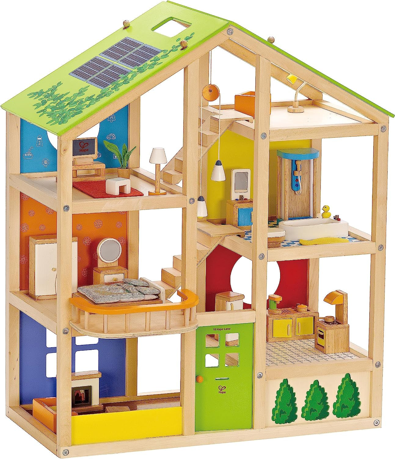 Casa de muñecas de madera Hape Four Seasons Casa de muñecas de tres pisos galardonada con muebles, accesorios, escaleras móviles y techo reversible para cada temporada Casas de muñecas Naty Shop Casa Four Seasons (amueblada)