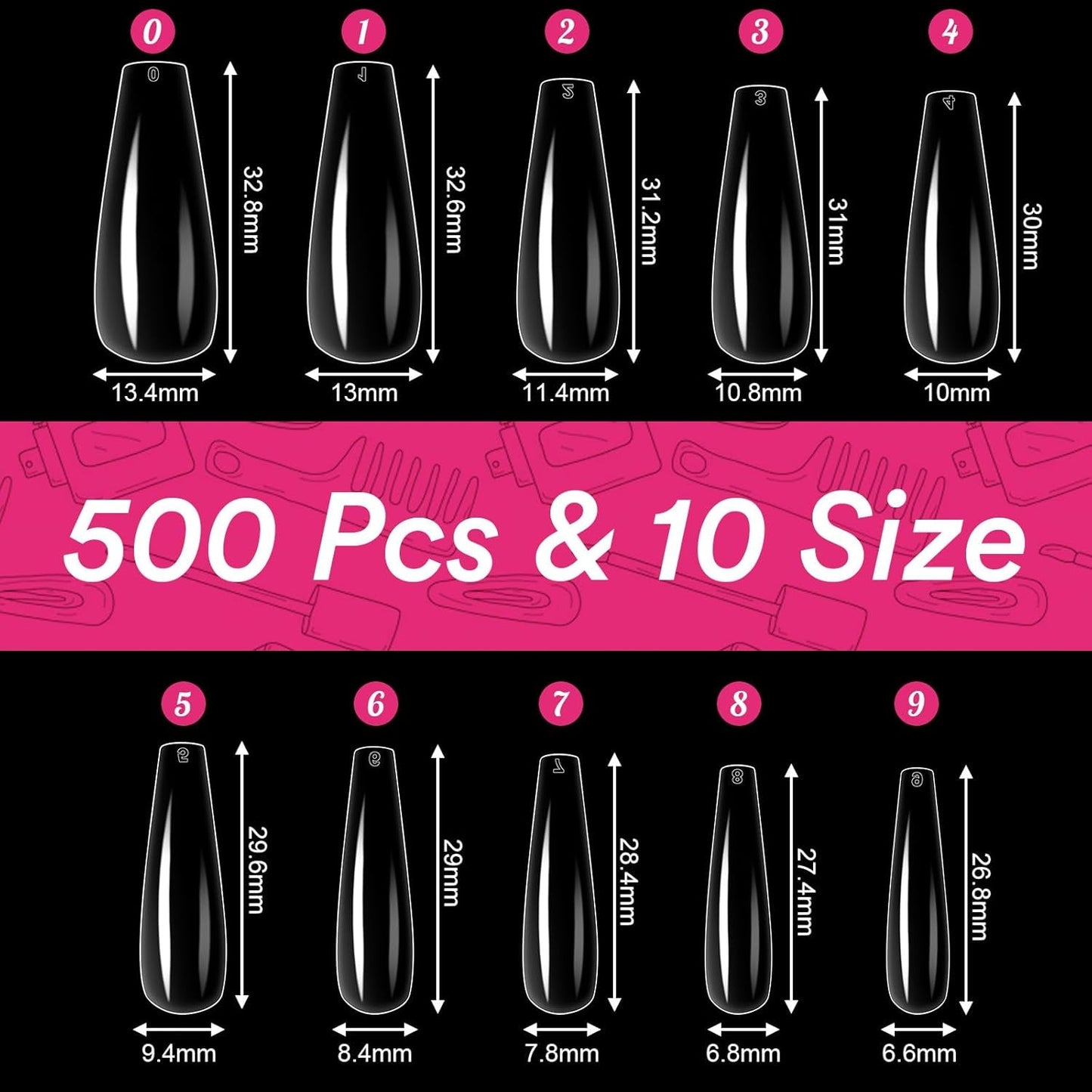 Alyvisun Puntas de uñas de ballet, 500 piezas de puntas de uñas acrílicas de cobertura completa con 240 piezas de pegatinas para uñas, 10 tamaños de puntas de uñas de gel transparente puntas de uñas de gel suave puntas de uñas de bailarina