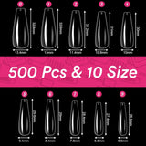 Alyvisun Puntas de uñas de ballet, 500 piezas de puntas de uñas acrílicas de cobertura completa con 240 piezas de pegatinas para uñas, 10 tamaños de puntas de uñas de gel transparente puntas de uñas de gel suave puntas de uñas de bailarina
