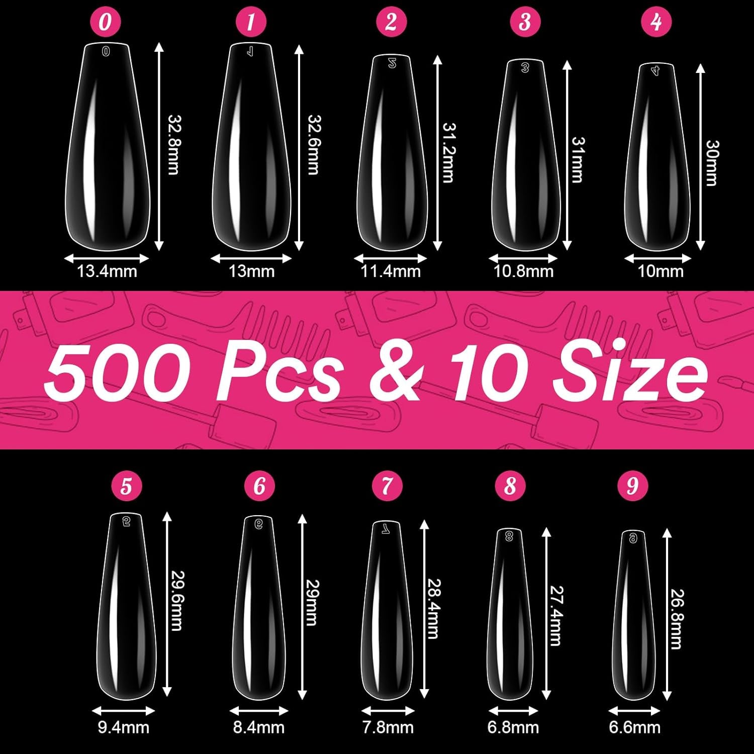 Alyvisun Puntas de uñas de ballet, 500 piezas de puntas de uñas acrílicas de cobertura completa con 240 piezas de pegatinas para uñas, 10 tamaños de puntas de uñas de gel transparente puntas de uñas de gel suave puntas de uñas de bailarina