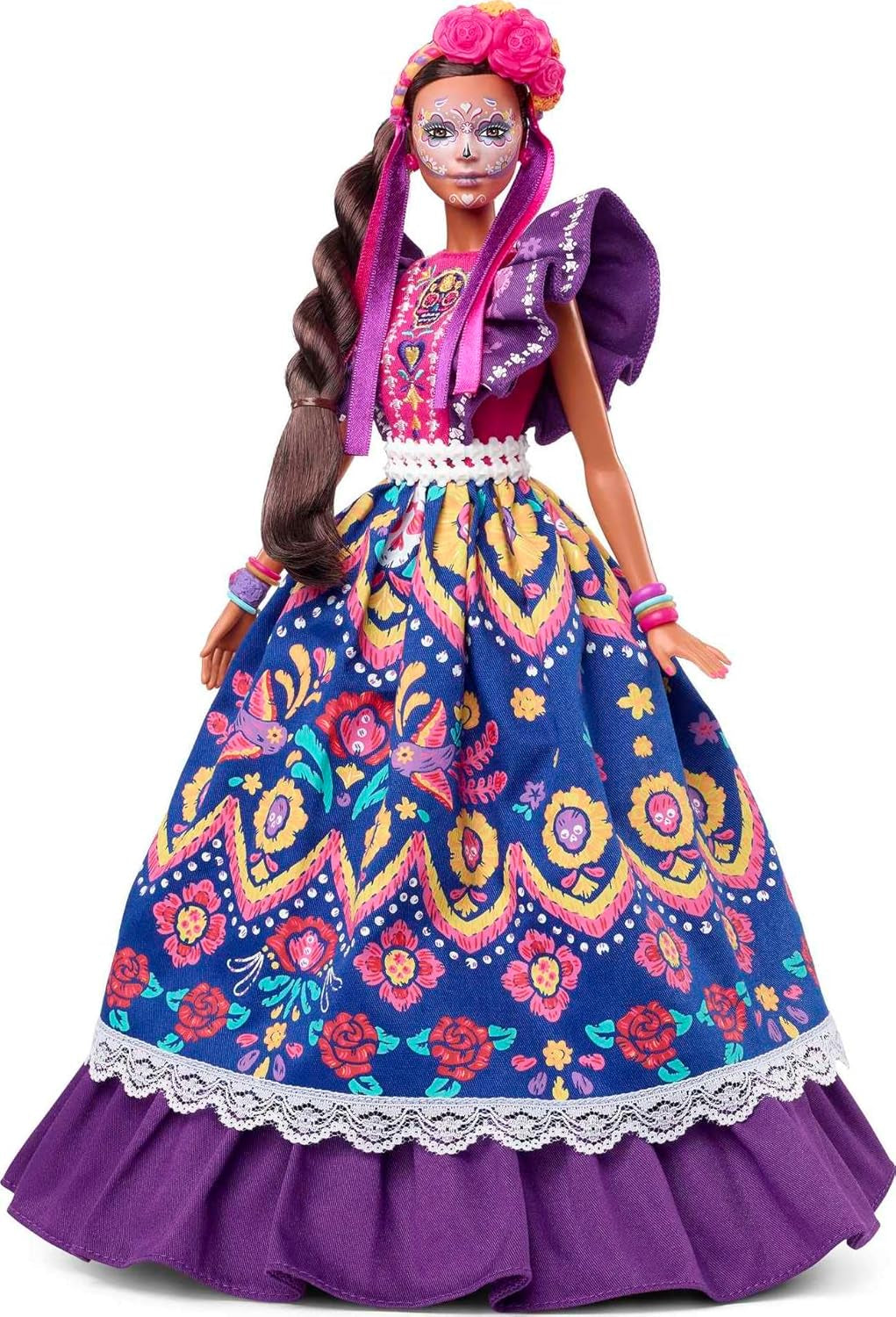 Muñeca Barbie del Día de Muertos 2022 con vestido tradicional con volantes, corona de flores y pintura facial de calavera, regalo para coleccionistas