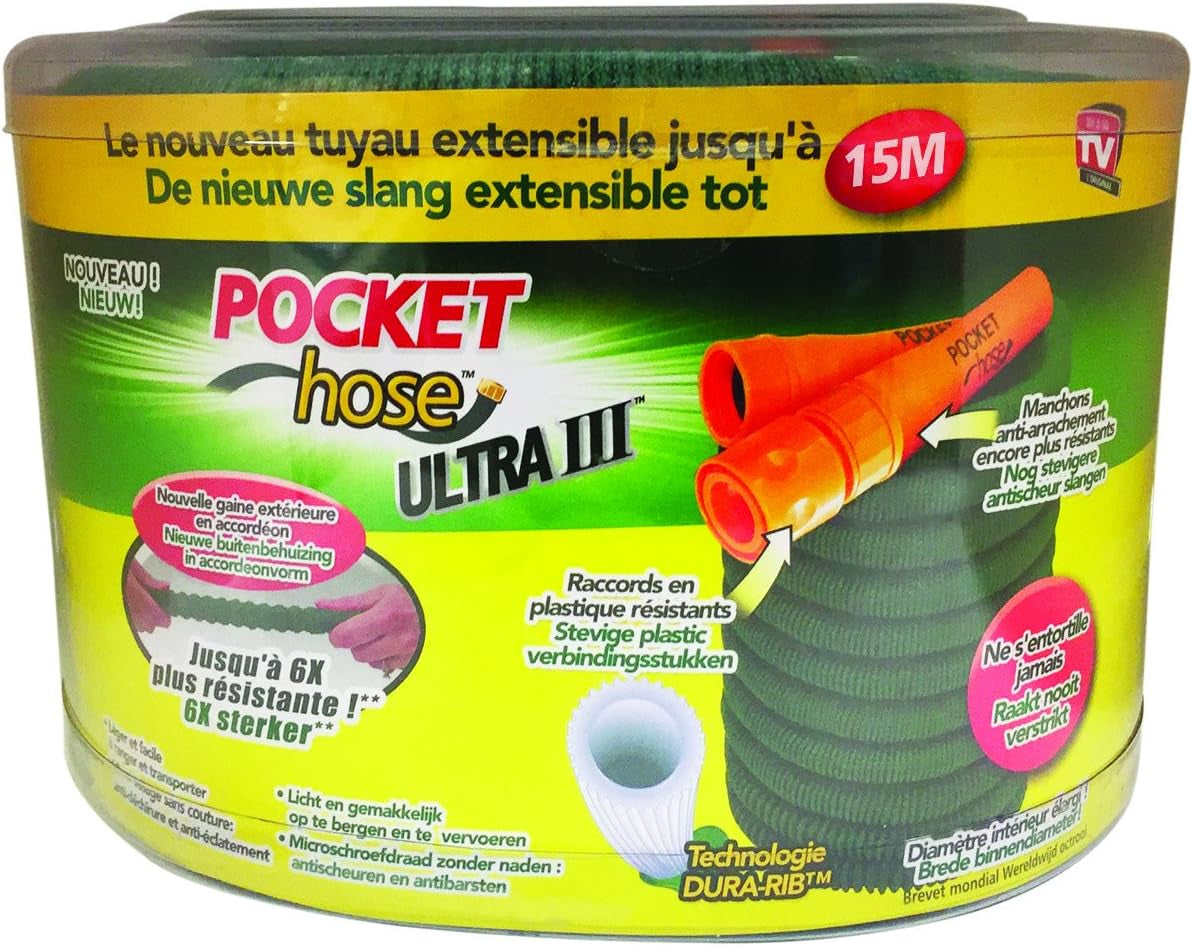 Manguera de jardín retráctil Pocket Hose Ultra 3 Manguera de jardín de nailon verde de 15 m
