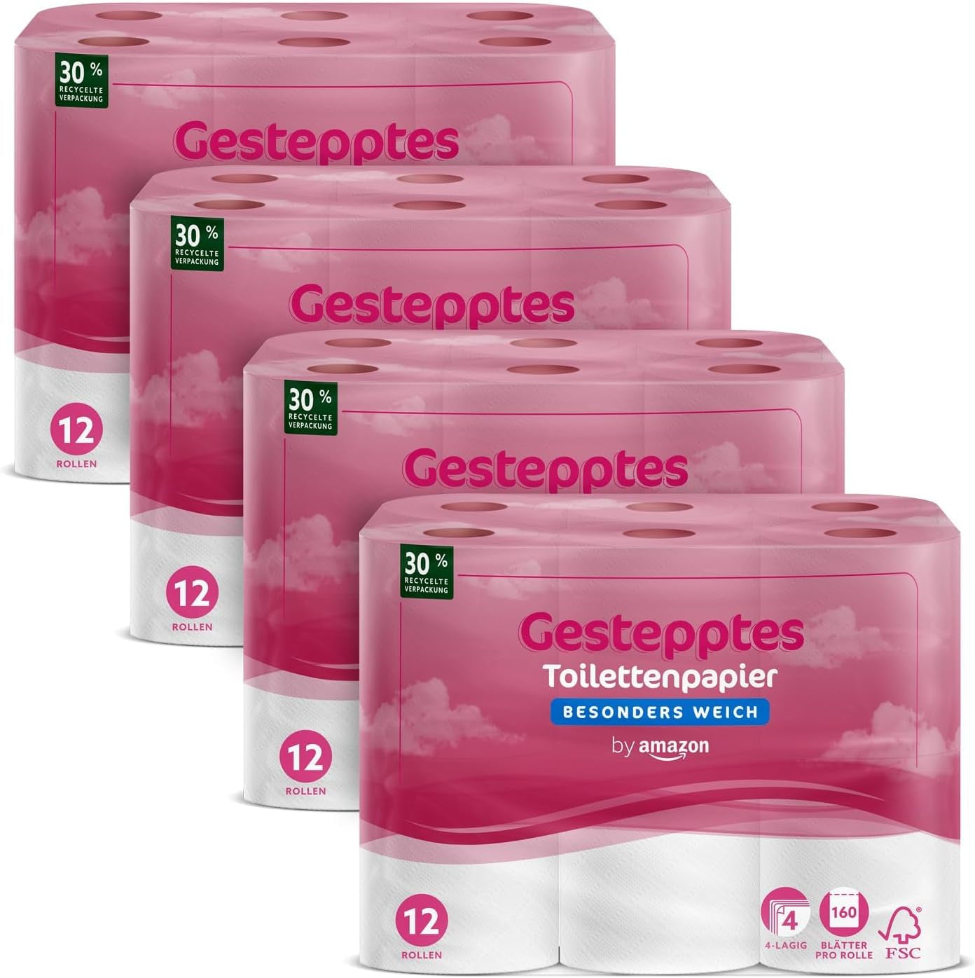 By Amazon Papel higiénico, acolchado de 4 capas, extra suave, 48 rollos (12 rollos, paquete de 4), 160 hojas por rollo, certificado Fsc