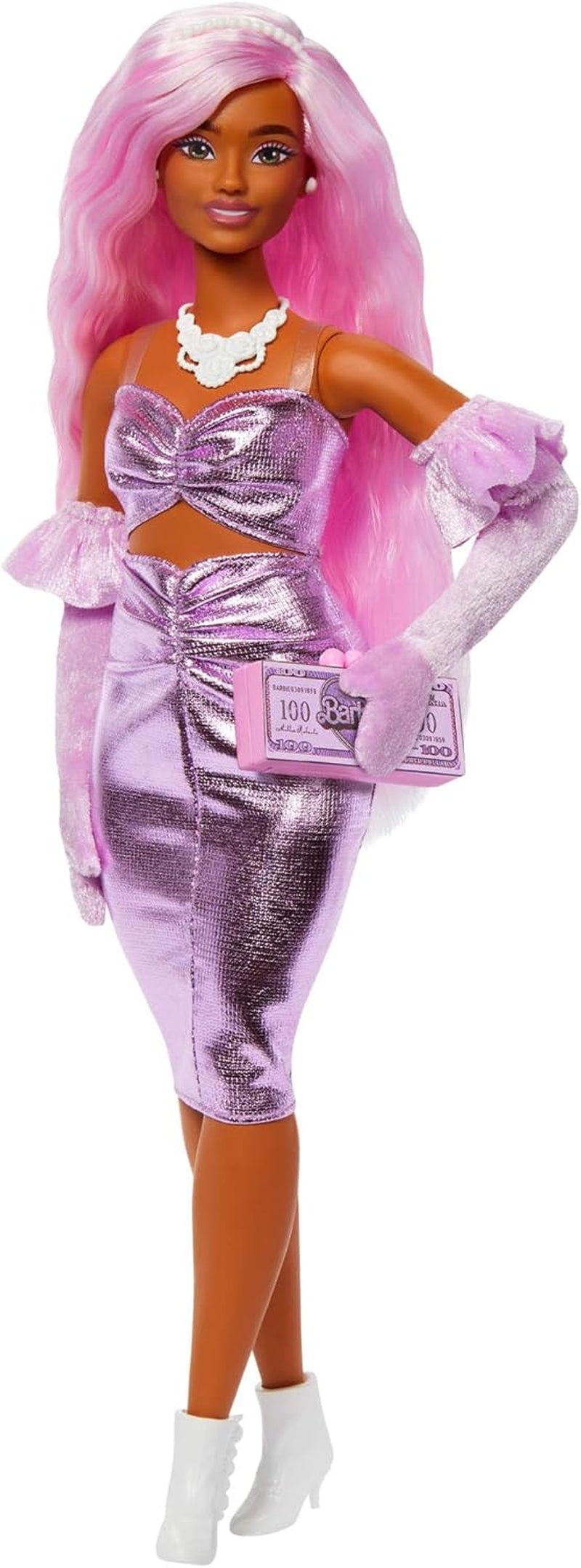 Muñeca Barbie Deluxe Estilo no. 3 con conjunto Barbiecore, cabello rubio recogido en moño alto, vestido rosa pastel con lazo extragrande y accesorios como medias de rejilla, HYV27 Pink Naty Shop Dolls