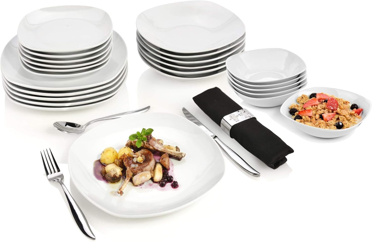 SANGER | Juego de vajilla Bilgola blanca, vajilla de porcelana de 24 piezas para 6, platos cuadrados, platos llanos | LA COLECCIÓN PREMIUM