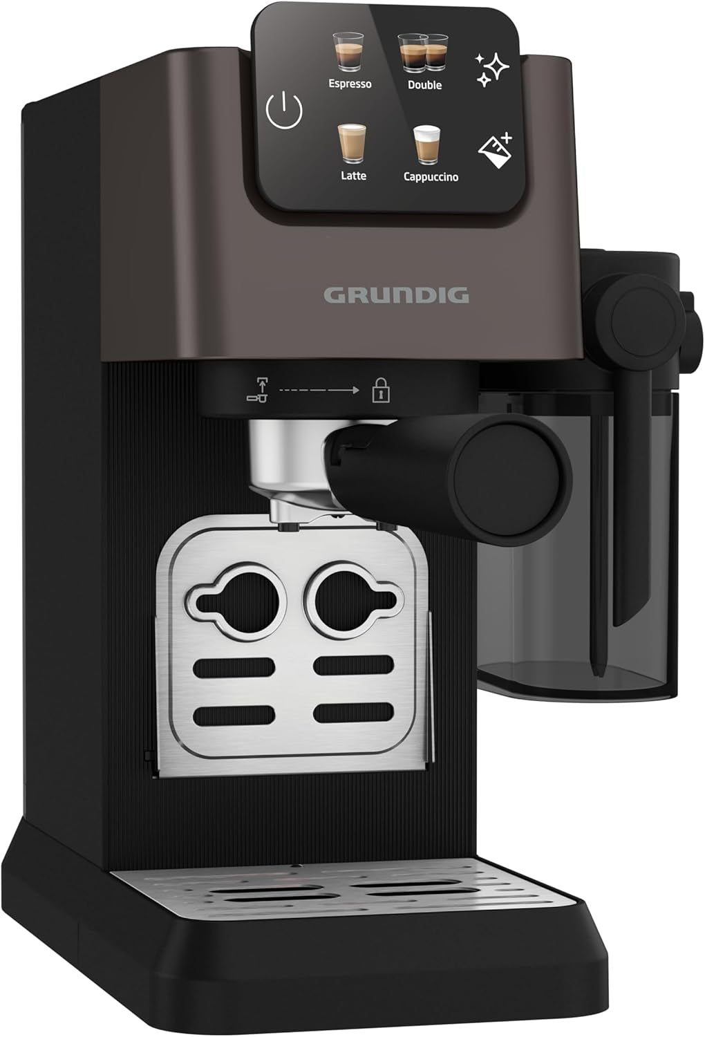 Cafetera espresso con portafiltro GRUNDIG KSM 5330 con depósito de leche integrado, potencia 1628 W, presión de bomba 15 bar, doble boquilla, pantalla táctil a color, BrewSense, CreamyPro, Acero inoxidable oscuro/Negro