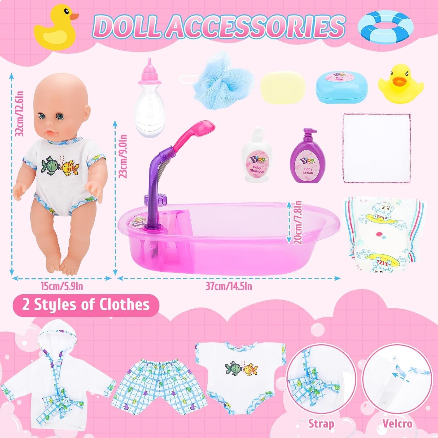 deAO Set de Bañera para Muñecas, Muñeca Interactiva de 33 cm, Baño para Muñecas, Set de Juego para Muñecas con Chupete, Ropa para Muñecas, Albornoz, Pañales para Muñecas, Bañera y Spray de Ducha Funcional