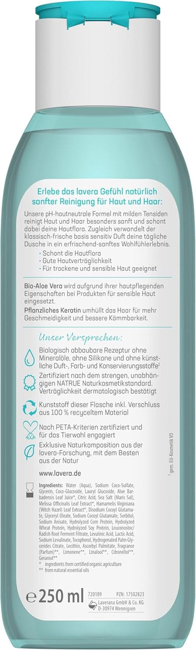 Lavera Care Basis Sensitiv 2 en 1, Champú y gel de ducha con aloe vera ecológico y queratina vegetal, 250 ml Ducha y baño Naty Shop