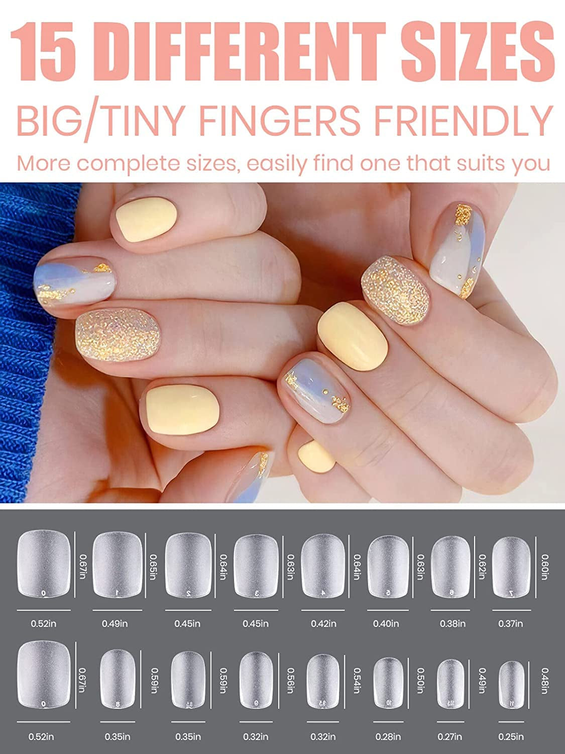 EBANKU 420 puntas de uñas cuadradas cortas, puntas mate de cobertura completa, puntas de gel suave, puntas de uñas de gel transparente prepulidas, puntas de extensión de uñas artificiales, 15 tamaños (cuadrados cortos)