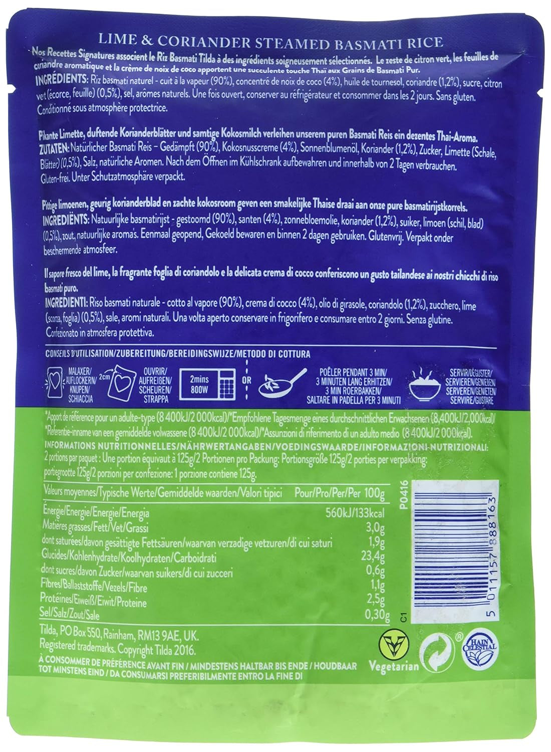TILDA Arroz Basmati al Vapor con Lima y Cilantro para Microondas, 250g