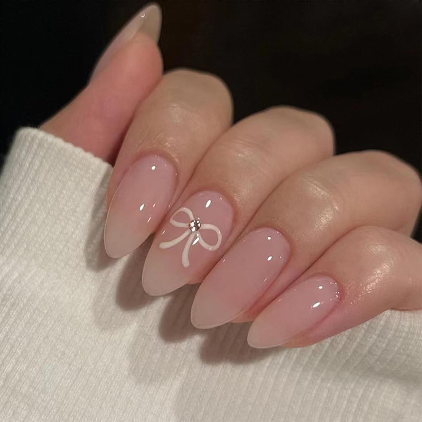 24 Uds. Prensa de almendra blanca sobre uñas francesas con lazos perlas uñas postizas pegamento en puntas de uñas postizas uñas con brillo