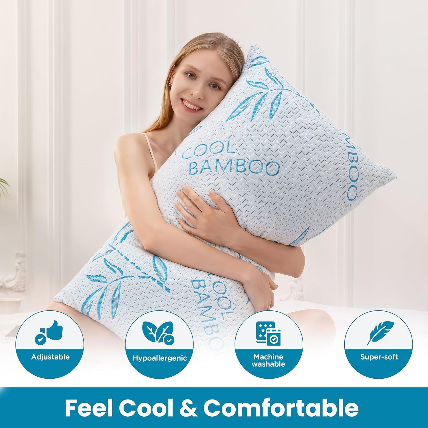 Naty Shop Almohadas estándar Comfysleep Almohada de Viscosa de bambú tamaño King Refrescante Espuma viscoelástica triturada Viscosa de bambú Ajustable Funda extraíble/Lavable 2 Piezas