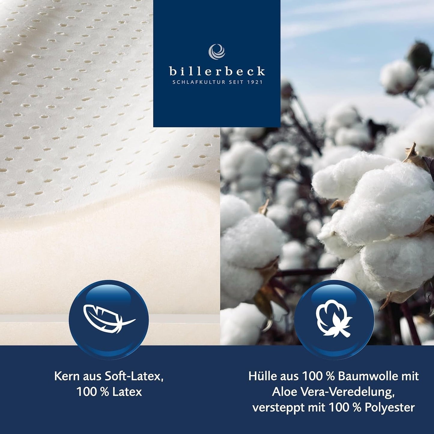 Billerbeck Pillow S20 Latex - Almohada para el cuello en 40 X 80 Cm - Almohada de soporte para el cuello con núcleo de látex suave, almohadas estándar blancas Naty Shop