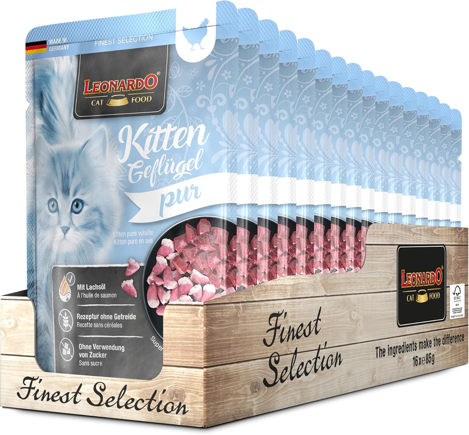 LEONARDO Fresh Bags [16 x 85 g de comida húmeda para gatos, sin cereales] | Comida húmeda completa en sobres individuales