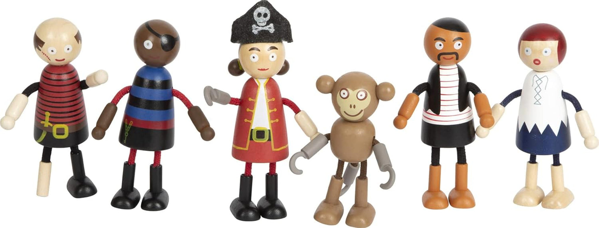 Small Foot Muñecos piratas de madera flexibles, 5 piratas y 1 mono, detallados y flexibles, a partir de 3 años, 12412