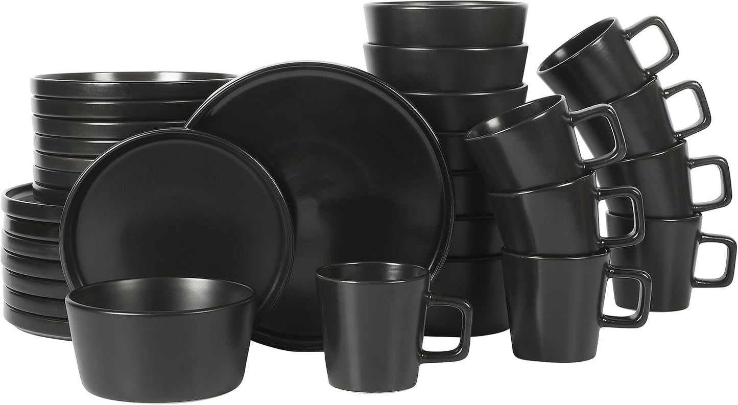 Juego de vajilla Bowery, 32 piezas, negro mate, gres, platos, tazones y tazas, 8 porciones