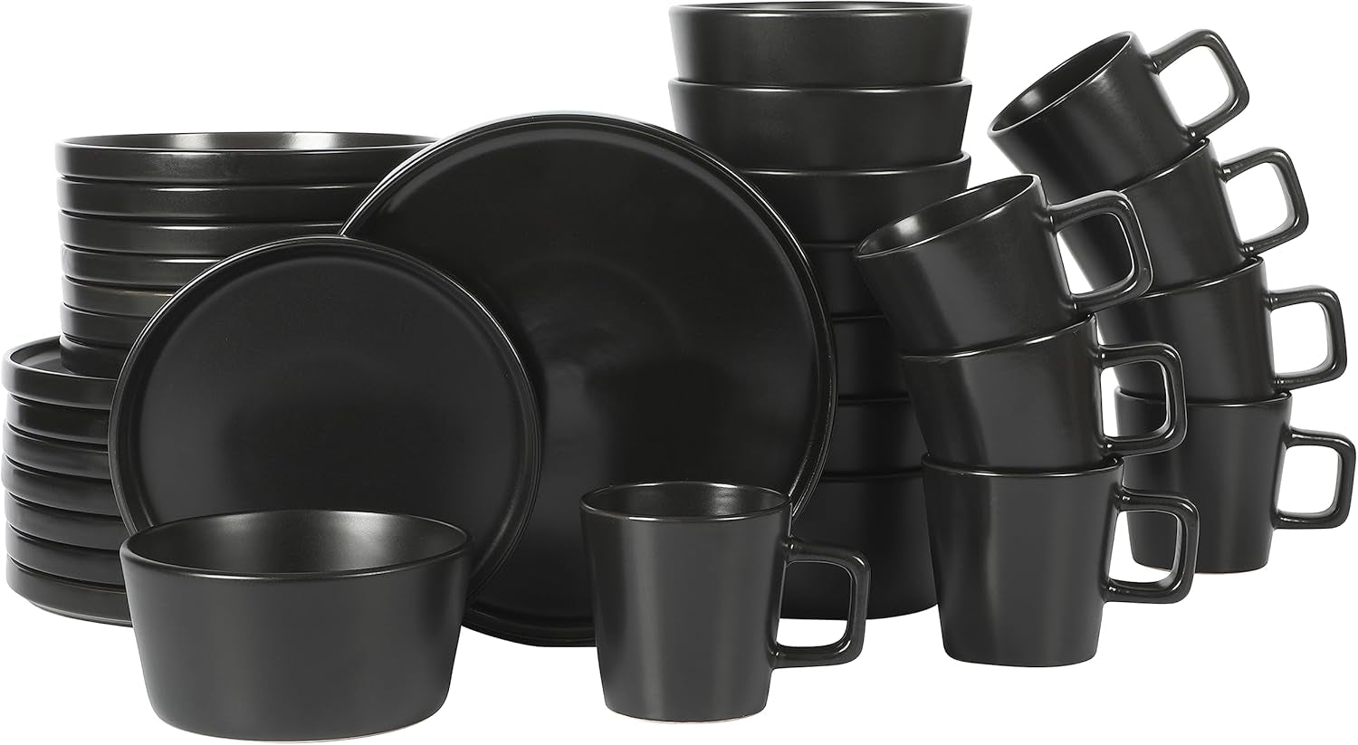 Juego de vajilla Bowery, 32 piezas, negro mate, gres, platos, tazones y tazas, 8 porciones