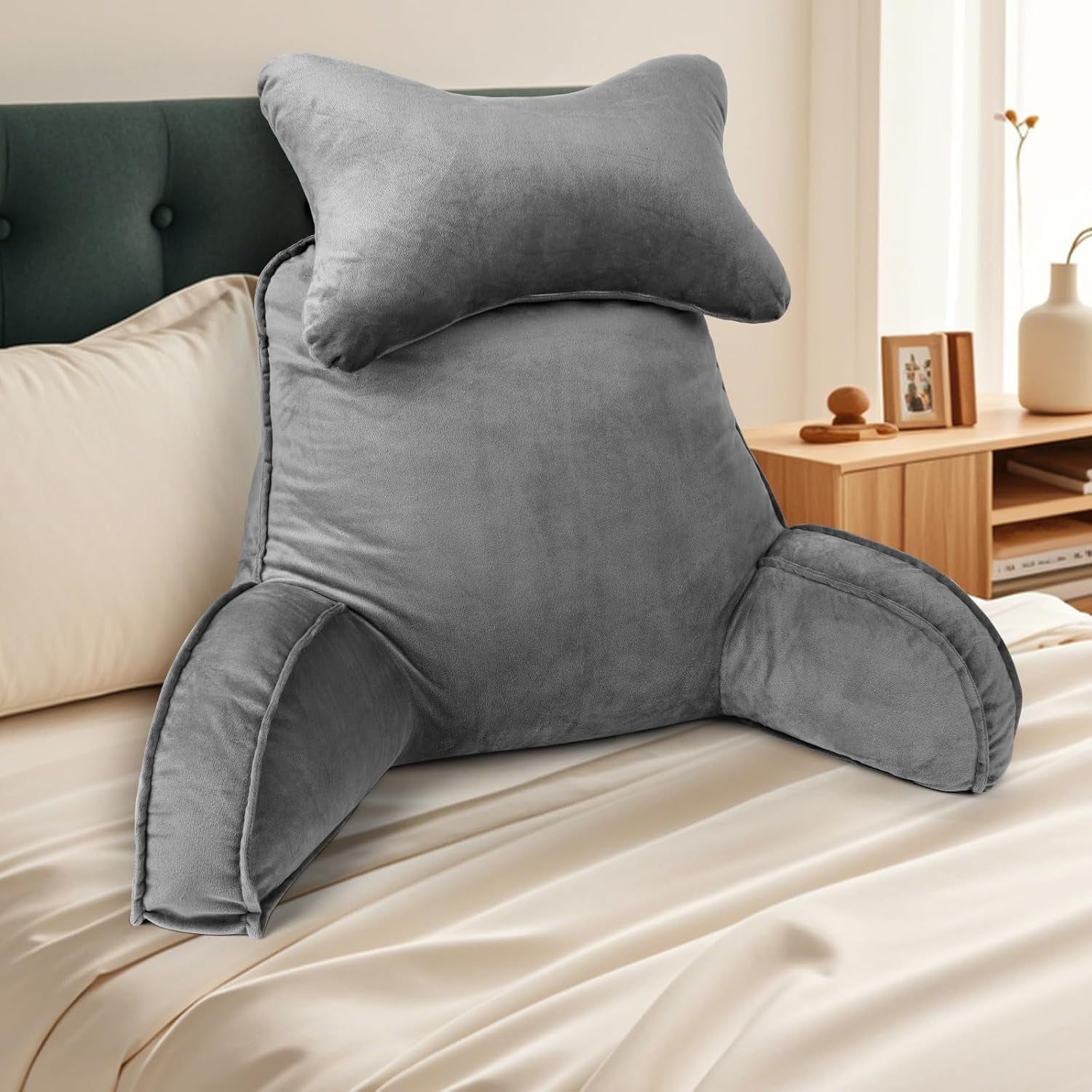 Almohada de lectura, almohada de espalda con rollo para el cuello y brazos desmontables, almohada de reposo en cama para uso en cama o sofá, almohada de respaldo para leer, trabajar y jugar