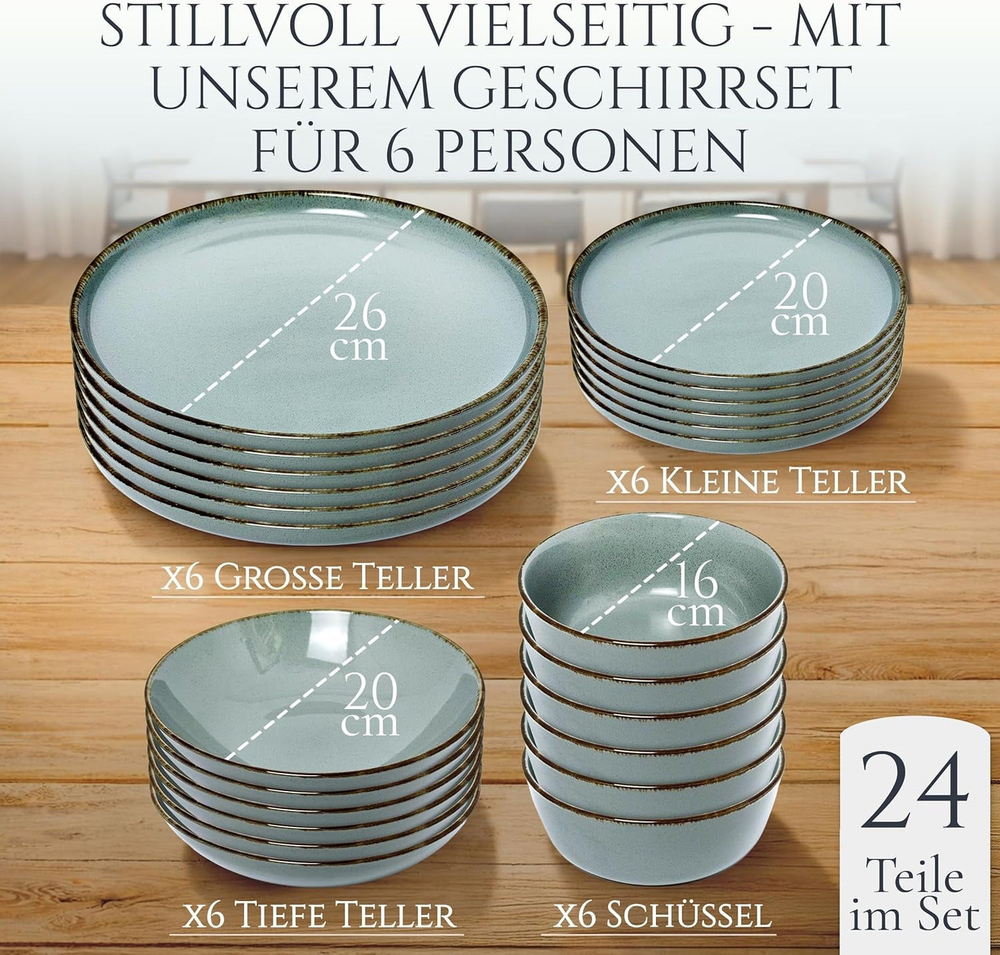 Steingut Geschirrset 6 Personen Rústico 24 tlg. TESTSIEGER, Hochwertiges Landhaussttil Steingut Geschirr Set, Schüssel- und Teller Set, Tafelservice 6 Personen, Geschirrsets Pure Living in Rauchblau