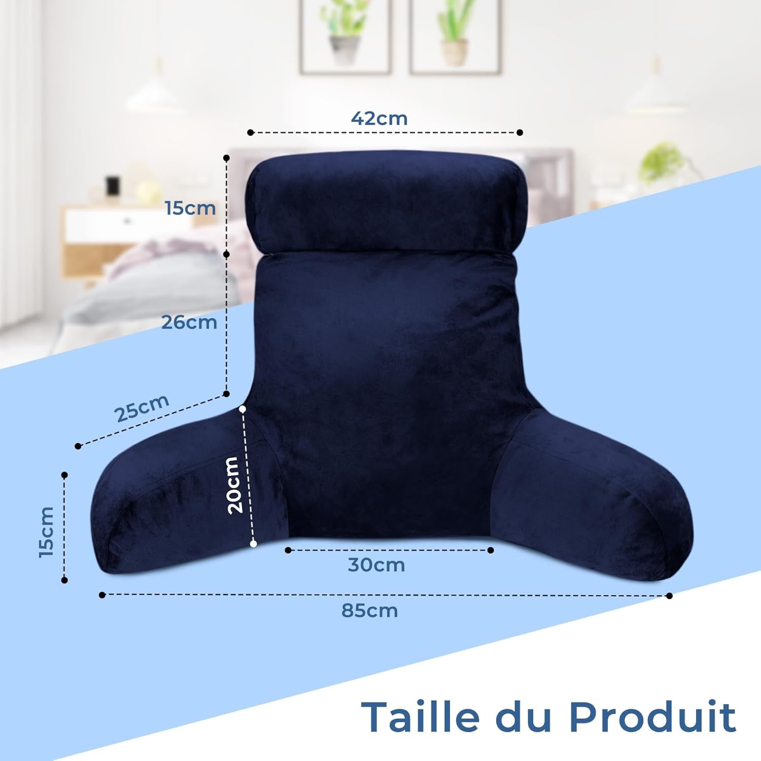 Almohada de lectura ergonómica INFANZIA con reposabrazos y respaldo, azul marino