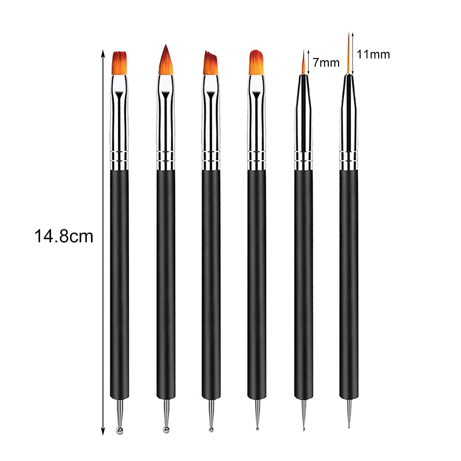 6 Stück Doppel-Ende Nagel Pinsel, Nageldesign Pinsel, Doppel-Ende Nail Art Pinsel Kit Professionelle Maniküre Werkzeuge Kit (Negro)