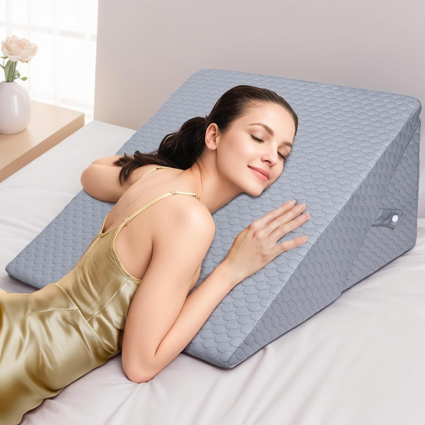 Almohada de cuña ajustable para niños, almohada de lectura de espuma de alta densidad para cama y sofá, almohada ergonómica para cabeza de cuña para apnea de reflujo del sueño, almohada para piernas/almohada de espalda para jugar y leer (blanco y gris)