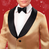 Barbie Signature 2025 Holiday Blonder Ken Modepuppe zum Sammeln in complete Anzug mit Goldener Jacke in Einer Verpackung zum Ausstellen und mit Puppenständer, JGK55