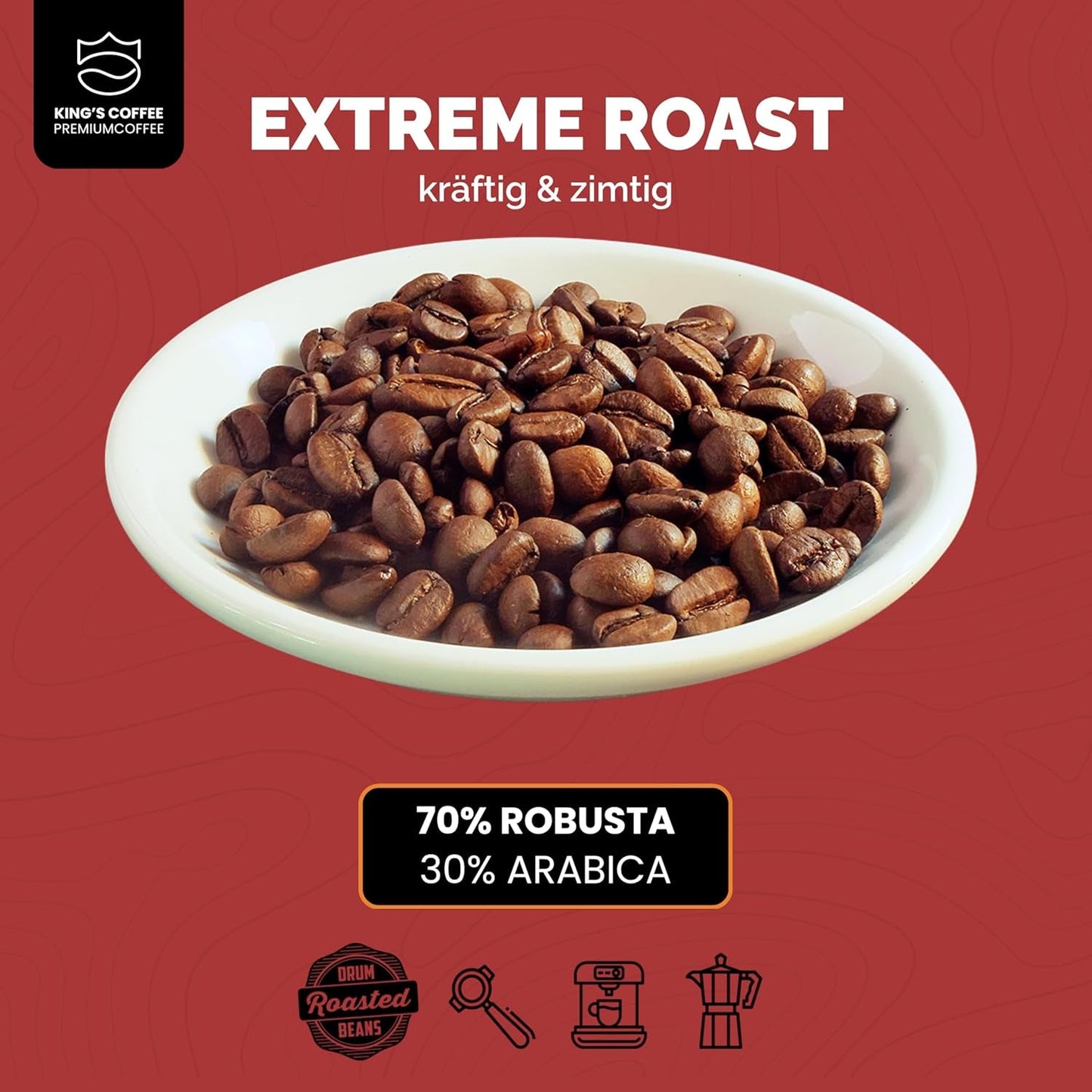 KING'S COFFEE - TOSTADO EXTREMO - Granos de espresso Intenso - acidez muy baja - tostado en pequeños lotes procedente de Italia - granos de café para máquinas totalmente automáticas y portafiltros - 1 kg