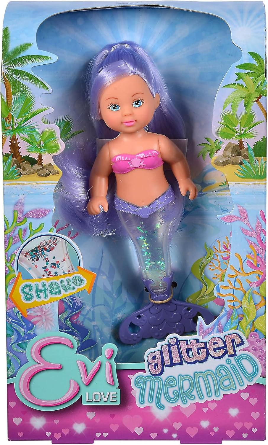 Simba 105733482 - Evi Love Glitter Mermaid, muñeca sirena con una aleta caudal que brilla al agitarla. Solo se proporciona UN artículo.