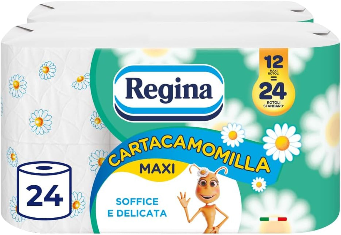 Regina Cartacamomilla - 8 Rollos de Papel Higiénico, 300 Hojas Esponjosas, 3 Capas, Suave y Firme, Envase de Papel Reciclable