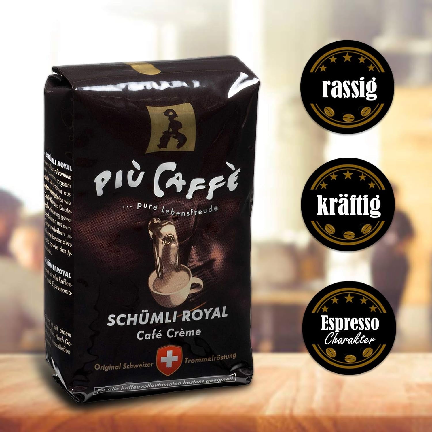 Café Crème Kaffeebohnen, würzig, kräftig, intensiv und gehaltvoll, Arábica y Robusta, Schweizer Trommelröstung, ganze Bohnen für Volllautomaten Schümli Royal 1 kg