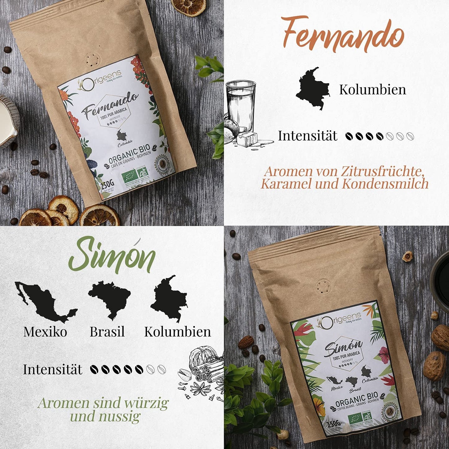 ORIGEENS Bio Café Probierset 1kg | Premium Bio Arábica Kaffee Ganze Bohnen Set 4x250g | Rostung tradicional | Kaffee Geschenkset