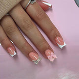 24 Uds. De tabletas para manicura francesa con lazo de diamante rosa, uñas cuadradas con patrón de diamantes de imitación, uñas artificiales rosas desnudas, pegamento de cobertura completa para manicura