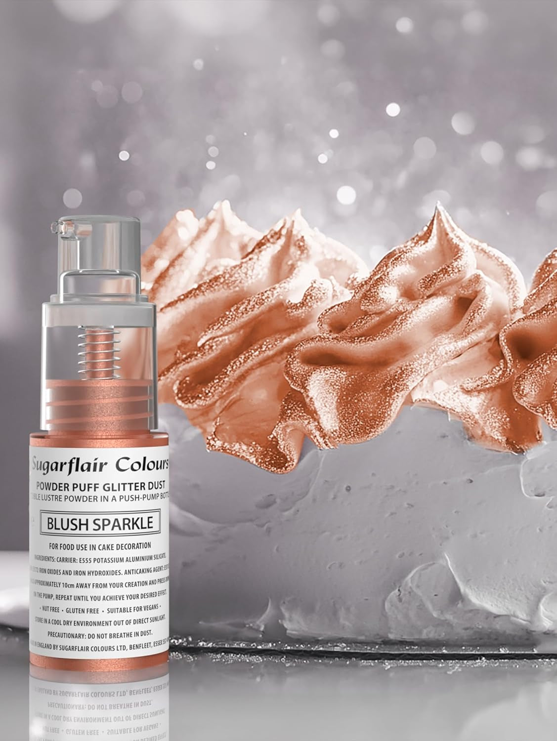 Sugarflair Pump Powder Spray, Glitter, Blush, Glitter - colorante alimentario para pasteles, spray sin aerosol para pasteles, muffins y más - 10 g