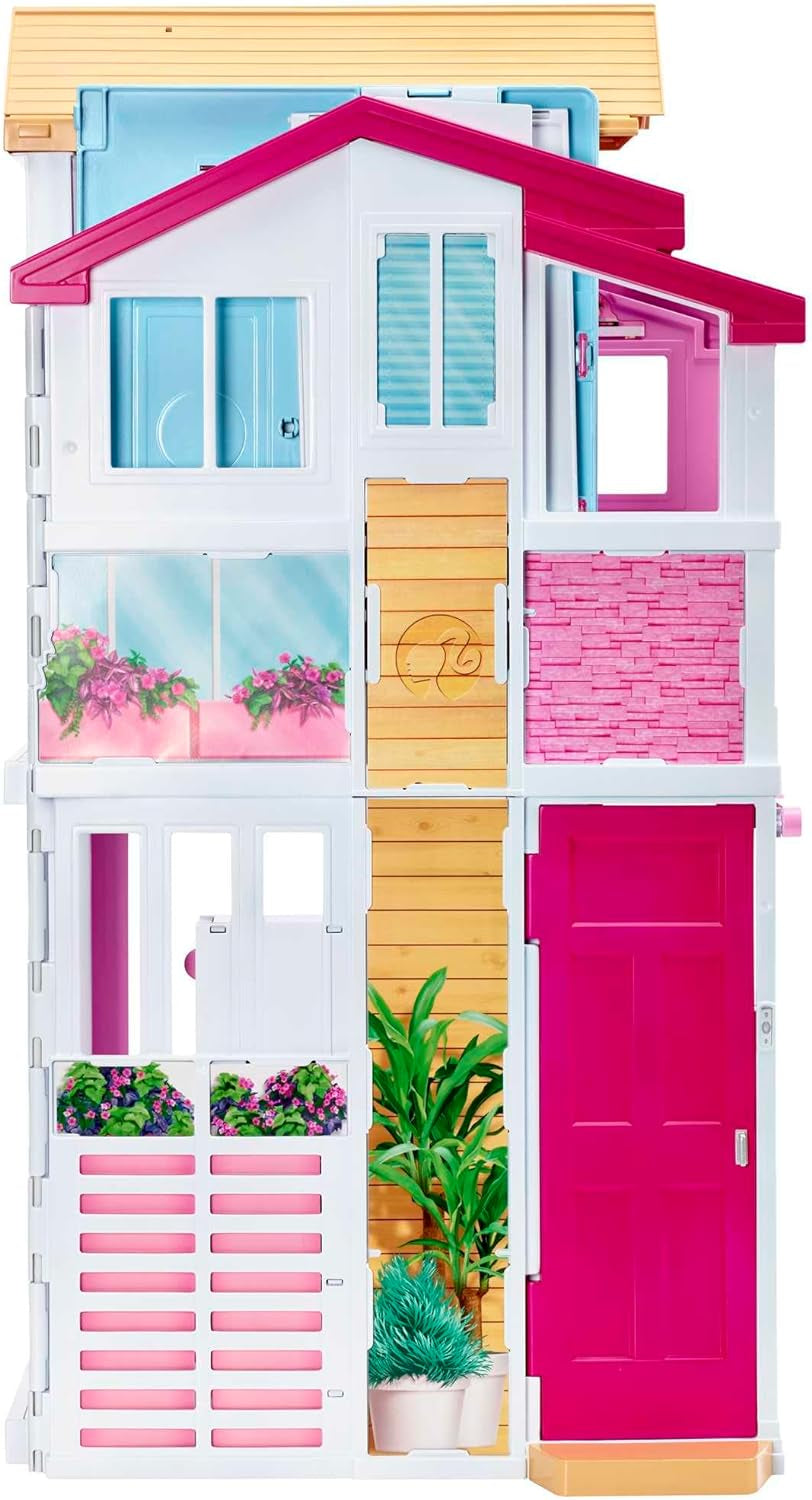 Barbie House Dream Villa Casa adosada de 3 pisos y 5 habitaciones que incluye accesorios como muebles, plegable y de almacenamiento, juguetes a partir de 3 años, DLY32 Naty Shop Casas de muñecas