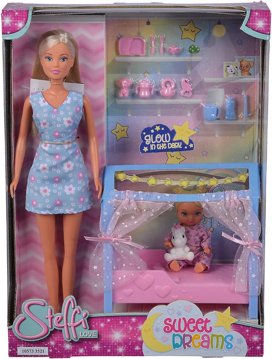 Simba Steffi Love Sweet Dreams / Linda muñeca bebé y cuna / con función de brillar en la oscuridad / 12 piezas / 29 cm / Para niños a partir de 3 años