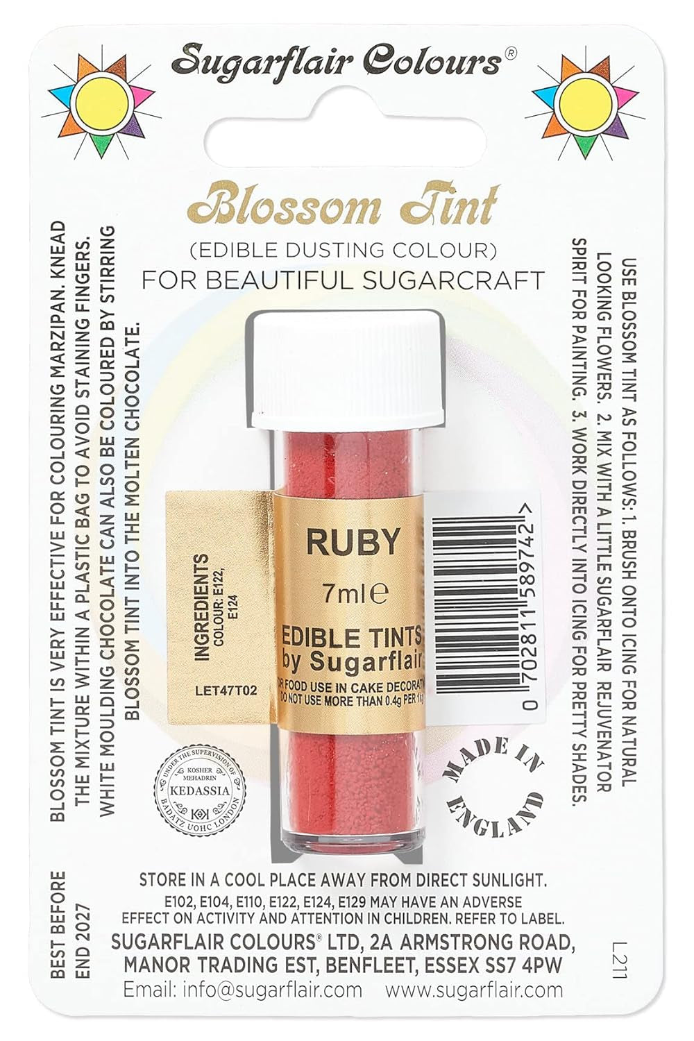 Colorante alimentario en polvo Sugarflair Blossom Tint Dusting Ruby - Colorante alimentario en polvo para decorar pasta de azúcar de colores, fondant, glaseado, chocolate, crema de mantequilla, macarrones - 7 ml