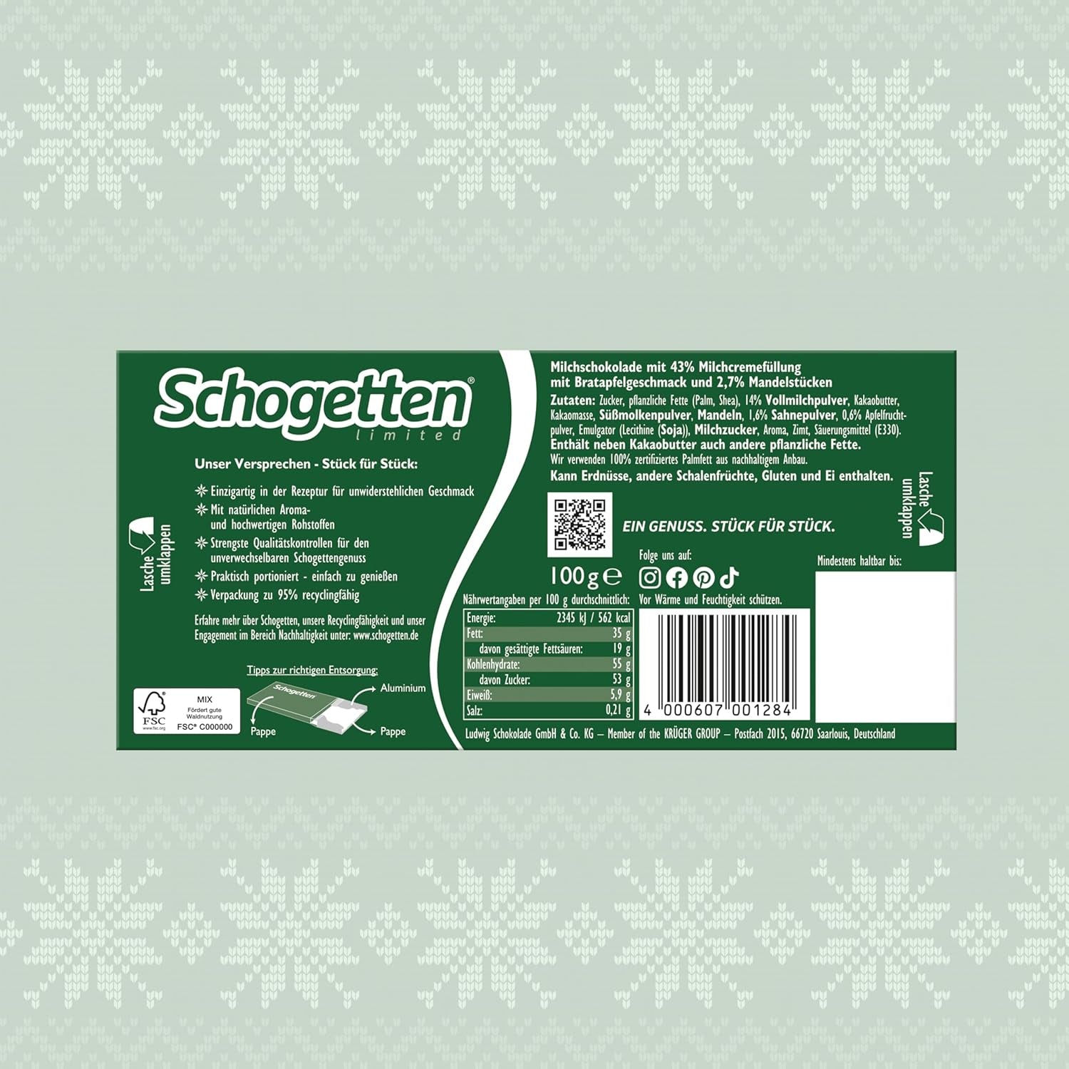 Schogetten Edición de invierno con manzanas maduras I Barra de chocolate 100g I con chocolate con leche y en cómodos trozos individuales