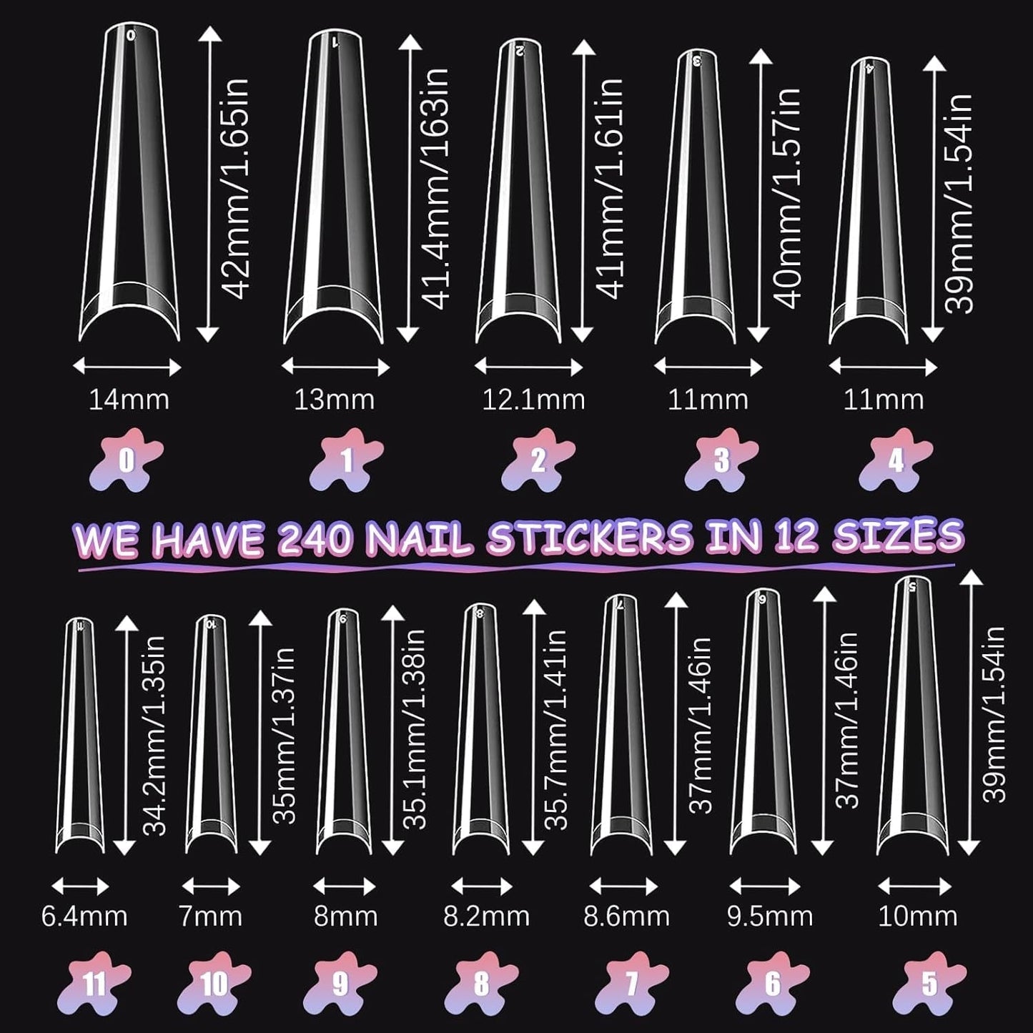 Uñas postizas transparentes extralargas, 240 piezas de uñas postizas de media cubierta, uñas postizas rectas cuadradas, extensiones de uñas francesas para salones de uñas y arte de uñas DIY