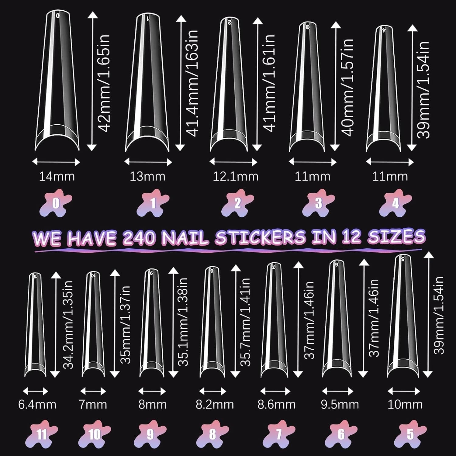 Uñas postizas transparentes extralargas, 240 piezas de uñas postizas de media cubierta, uñas postizas rectas cuadradas, extensiones de uñas francesas para salones de uñas y arte de uñas DIY