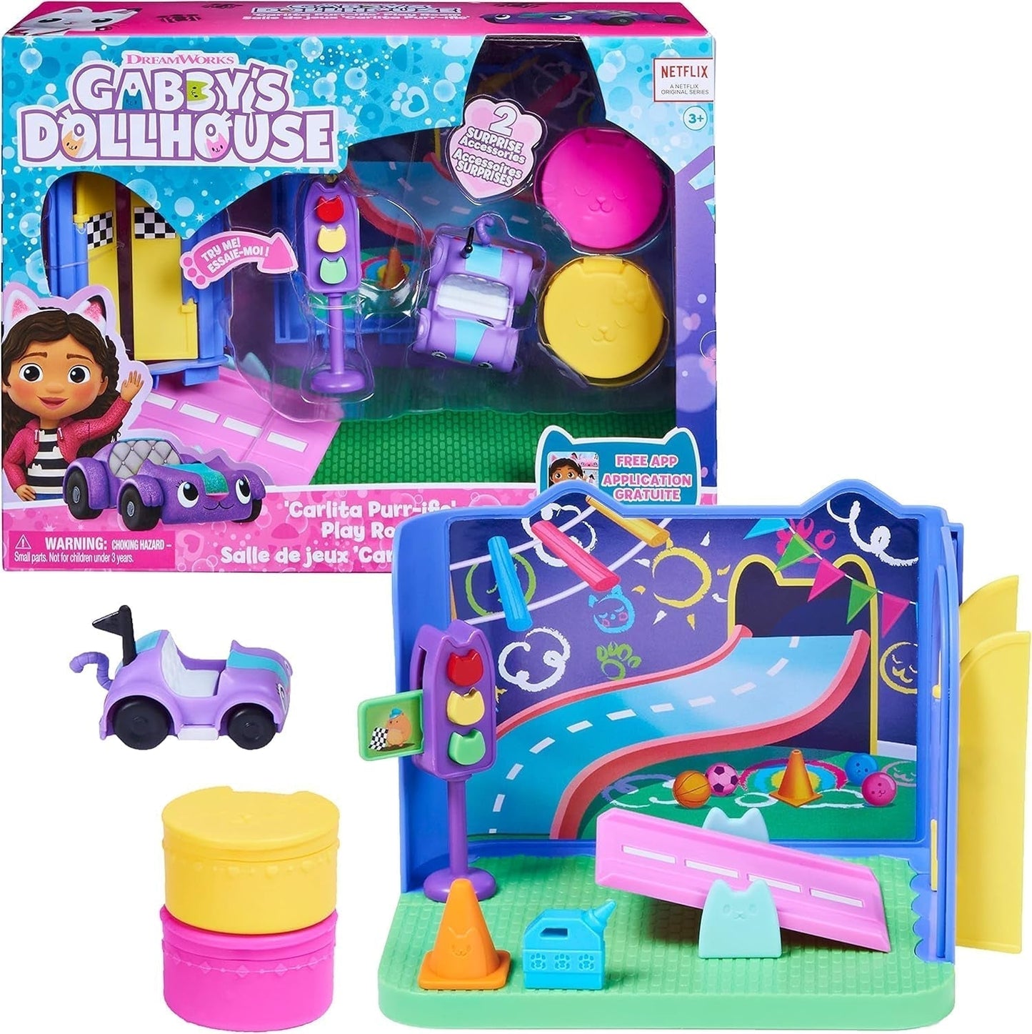 Gabby's Dollhouse Habitación Deluxe, Sala de Juegos Purr-Ific, Sala de Juegos con Coche de Juguete Carlita, 2 Muebles y 2 Cajas Sorpresa con Accesorios, Apta para Mayores de 3 Años Naty Shop Casas de Muñecas Multicolor