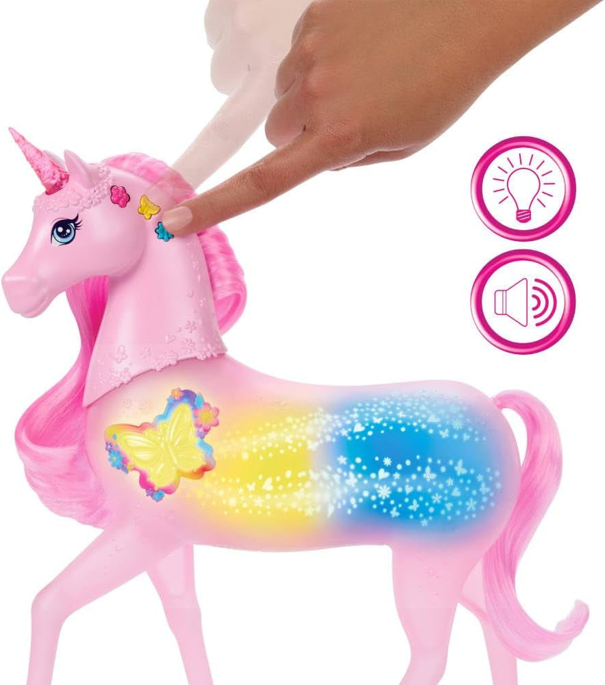 Barbie unicornio que brilla en la oscuridad con 20 combinaciones interactivas de efectos de luz, sonido y música para jugar con presionar un botón y acariciar la cabeza, JCP78